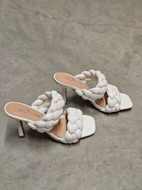 White Braided Heeled Sandals With Square Toe & Slip-On Style